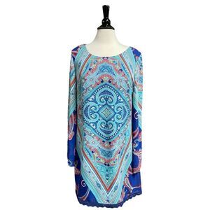 Sequin Hearts Blue Multi Bell Long Sleeve Dress Size Large NWOT